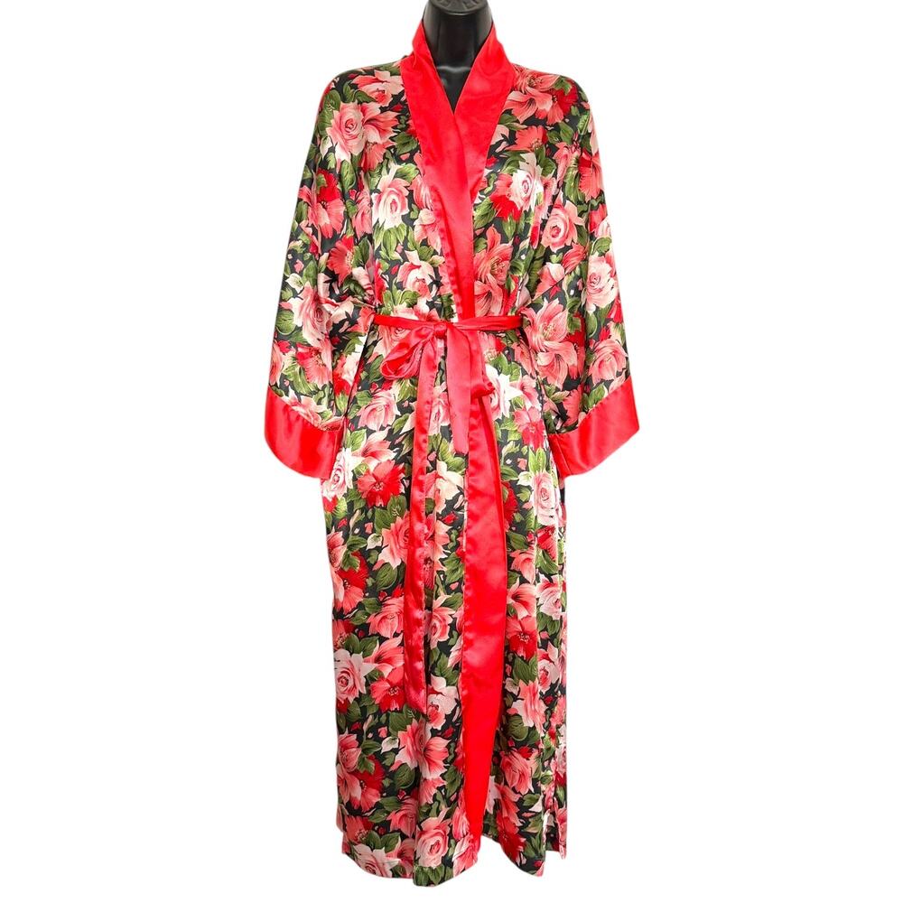 Vtg Victorias Secret Gold Label Coral Pink Floral Satin Maxi Robe 90s OS Cottage